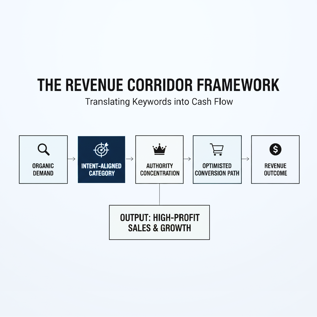 A horizontal flow diagram showing the Revenue Corridor Framework: Organic Demand to Intent-Aligned Category to Authority Concentration to Optimized Conversion Path to Revenue Outcome.