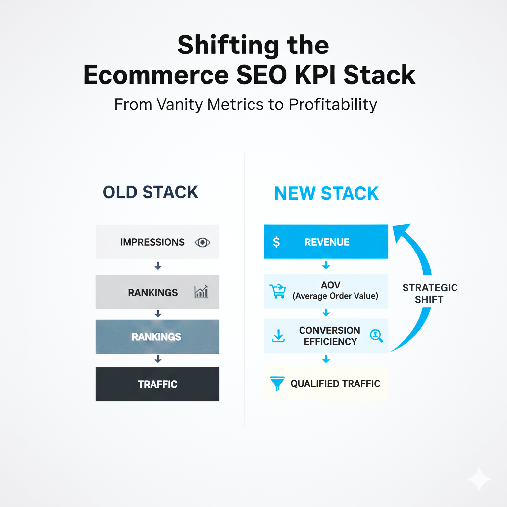 Vertical stack comparison of old SEO KPIs (Impressions, Rankings, Traffic) versus new Revenue-First KPIs (Revenue, AOV, Conversion Efficiency, Qualified Traffic).