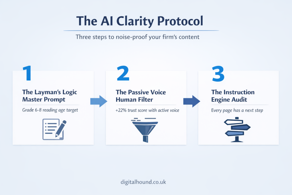 Three-step horizontal process diagram showing a framework for improving legal content clarity: master prompt for plain English, passive voice filtering, and instruction-focused auditing.