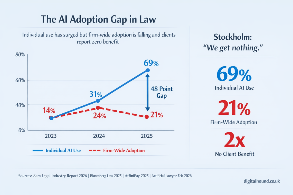 Dual line graph showing AI adoption in law firms from 2023 to 2025, comparing individual usage rising from 18% to 69% with firm-wide adoption falling from 24% to 21%, highlighting a 48-point gap.