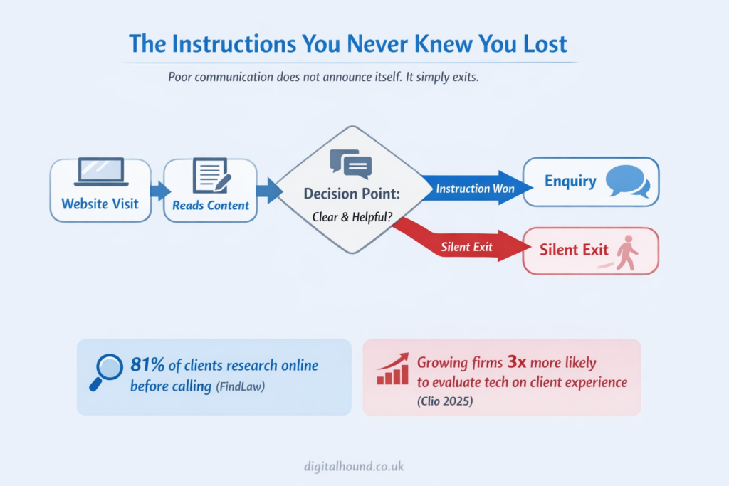 Client journey flow diagram showing website visit to decision point leading either to enquiry through clear communication or silent exit due to jargon and lack of direction.