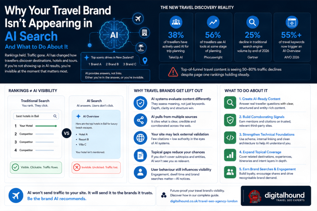 Travel brand not appearing in AI search infographic showing how AI Overviews absorb clicks despite stable Google rankings, with strategies for improving AI search visibility for travel brands through Citation Share, entity signals and structured content.