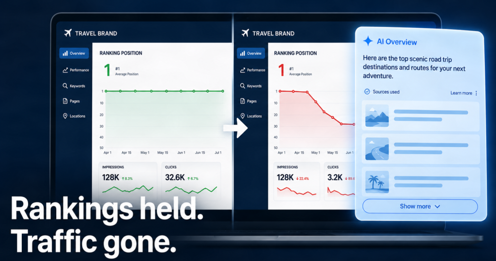 Why your travel brand is not appearing in AI search is not a rankings problem — before and after dashboard showing traffic collapse despite position 1