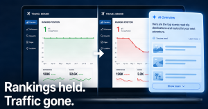 Why your travel brand not appearing in AI search is a rankings problem — before and after dashboard showing traffic collapse despite position 1