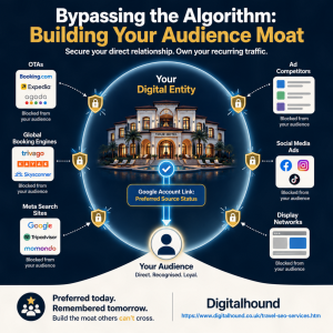 Travel SEO: Square infographic titled "Bypassing the Algorithm: Building Your Audience Moat". At the centre, a luxury boutique hotel represents "Your Digital Entity" protected by a glowing circular shield. A direct connection labelled "Google Account Link: Preferred Source Status" links the hotel to a loyal audience below, illustrating a private traffic pipeline. Around the outside of the shield are competitors including online travel agencies, global booking engines, metasearch platforms, social media advertising and display networks, each shown as being blocked from reaching the audience by security icons. The infographic explains how becoming a preferred source in AI search helps travel brands build direct audience loyalty instead of competing solely through algorithms. Digitalhound branding and the Travel SEO services URL appear in the footer.