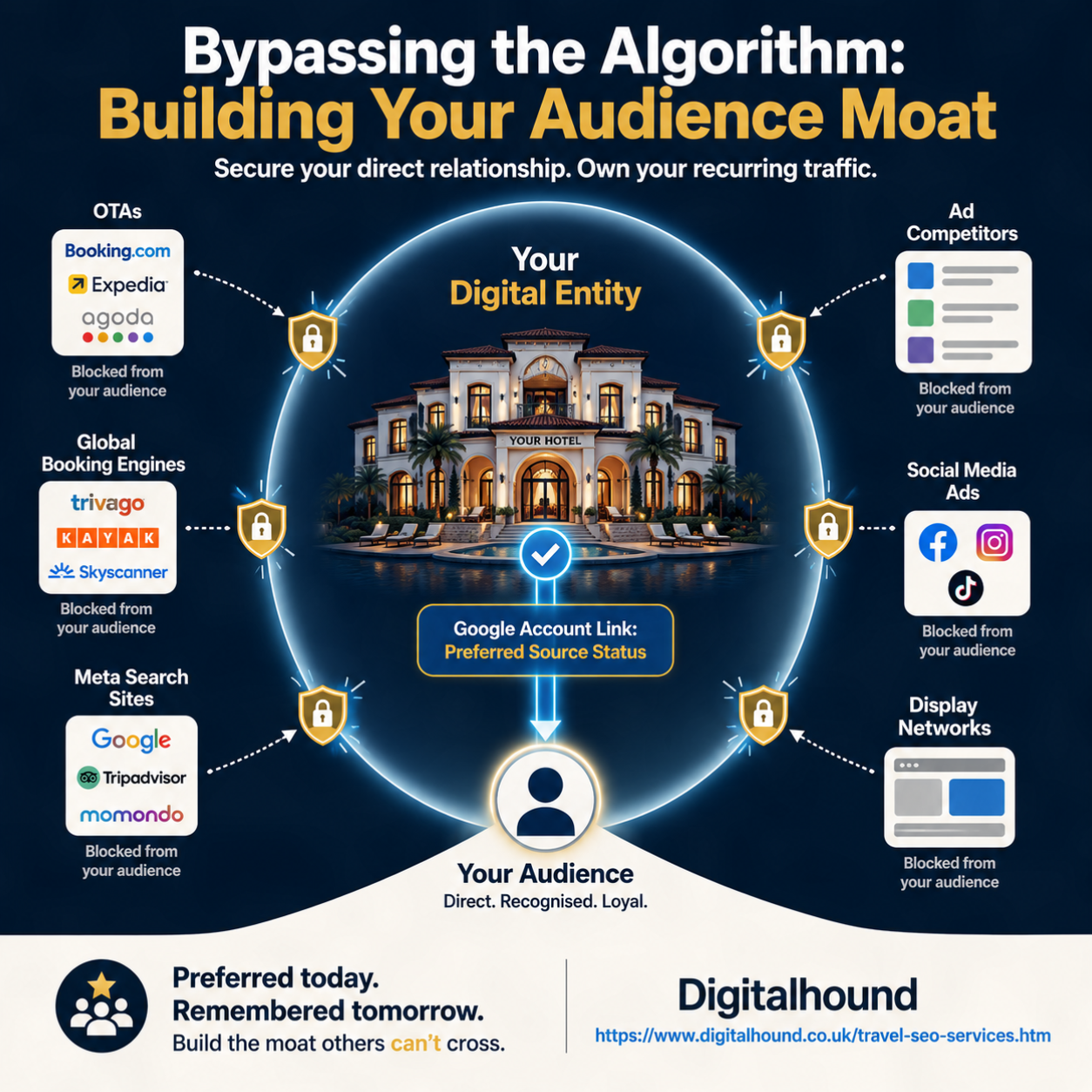 Travel SEO: Square infographic titled "Bypassing the Algorithm: Building Your Audience Moat". At the centre, a luxury boutique hotel represents "Your Digital Entity" protected by a glowing circular shield. A direct connection labelled "Google Account Link: Preferred Source Status" links the hotel to a loyal audience below, illustrating a private traffic pipeline. Around the outside of the shield are competitors including online travel agencies, global booking engines, metasearch platforms, social media advertising and display networks, each shown as being blocked from reaching the audience by security icons. The infographic explains how becoming a preferred source in AI search helps travel brands build direct audience loyalty instead of competing solely through algorithms. Digitalhound branding and the Travel SEO services URL appear in the footer.