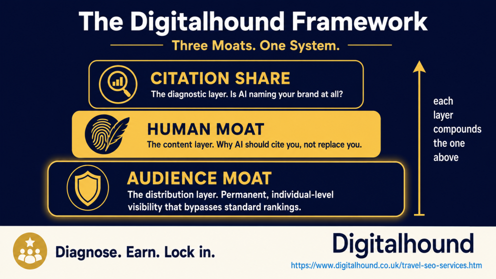 Digitalhound infographic explaining its three connected AI-search frameworks: Citation Share diagnoses whether AI names a brand, the Human Moat provides original content and evidence worth citing, and the Audience Moat creates lasting individual visibility through direct audience relationships.