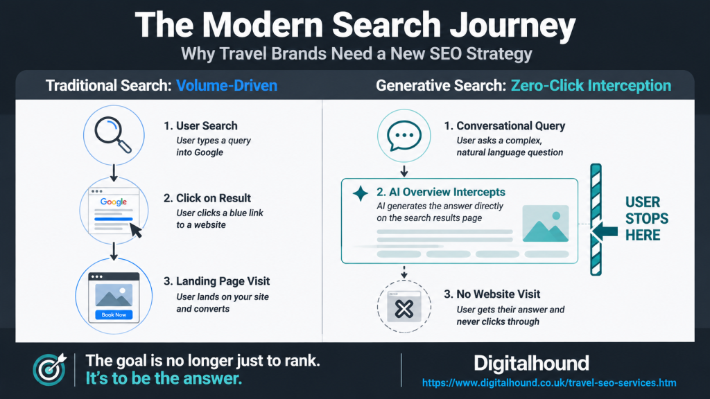 Travel SEO: Landscape comparison infographic titled "The Modern Search Journey". The graphic contrasts two travel search journeys side by side. On the left, "Traditional Search: Volume Driven" shows a user typing a query into Google, clicking a blue search result and landing on a travel booking website. On the right, "Generative Search: Zero Click Interception" shows a conversational query being answered directly within a Google AI Overview, with the user stopping before visiting any website. A bold barrier illustrates where the click journey ends. The infographic explains how AI search is intercepting travellers before they reach hotel, airline or tour operator websites, reinforcing the need for travel brands to optimise content for AI visibility rather than relying solely on traditional SEO. Digitalhound branding and the Travel SEO services URL appear in the footer.