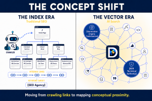 Semantic seeding comparison graphic showing the shift from traditional SEO in the Index Era, where Googlebot crawls a linear structure of URLs, links and keywords, to the AI-driven Vector Era, where Digitalhound is connected to related concepts including Generative Engine Optimisation and B2B technical authority.