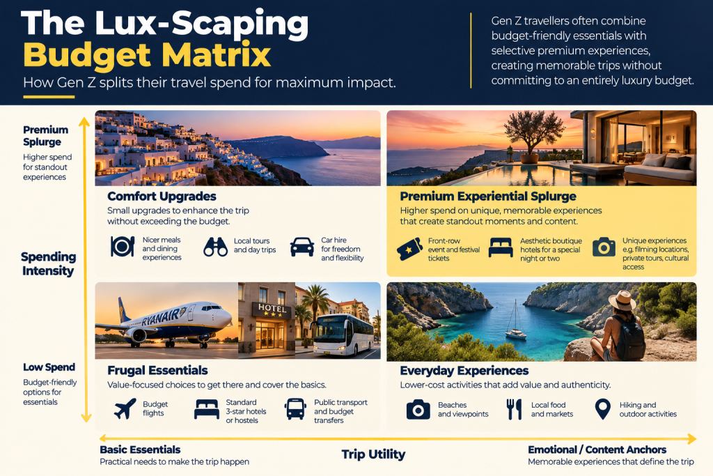 Gen Z lux-scaping budget matrix showing how younger travellers balance budget flights, affordable accommodation and everyday experiences with premium hotels, exclusive events and luxury travel experiences.