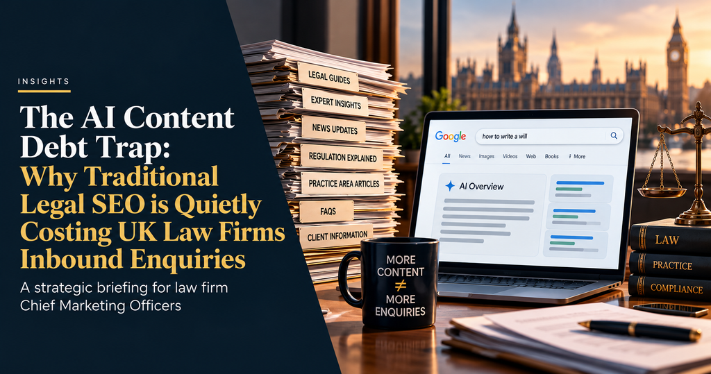 AI content debt for law firms illustrated by stacks of legal articles beside a Google AI Overview, highlighting the impact of traditional legal SEO on inbound enquiries.