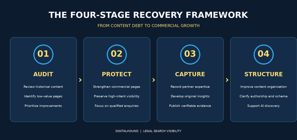 Four-stage legal SEO and GEO recovery framework for UK law firms: audit low-value content, protect commercial practice-area pages, capture original solicitor expertise and structure content to improve AI search visibility and citations.