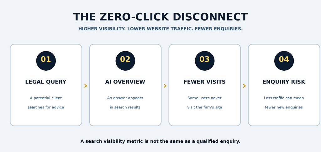 Zero-click search infographic showing how a legal query leads to a Google AI Overview, fewer website visits and declining client enquiries, even when a UK law firm's traditional organic search rankings remain stable.